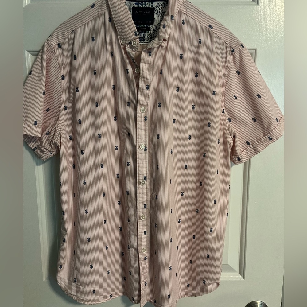 Cactus Man Pink Button Down Shirt with Fine Stripes and Pineapple Motif.